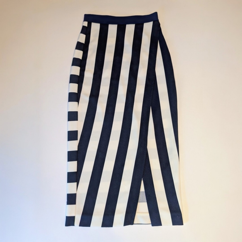 Karen Millen Midi Skirt Pencil Straight Striped US 4 Blue White Coastal Nautical